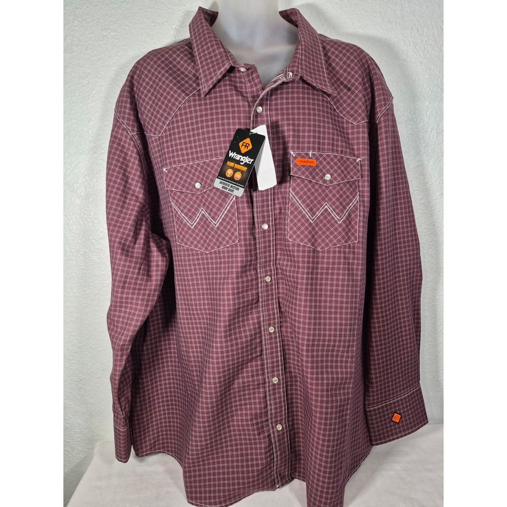 Wrangler FR Flame Resistant Western Work Shirt Burgundy Plaid Pearl Snap 4XL
